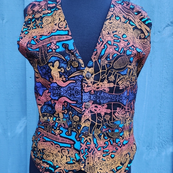 Jammin Hand Prints Hemp Aboriginal Vest Made in Coolum Bch Australia Size Small - Picture 4 of 10